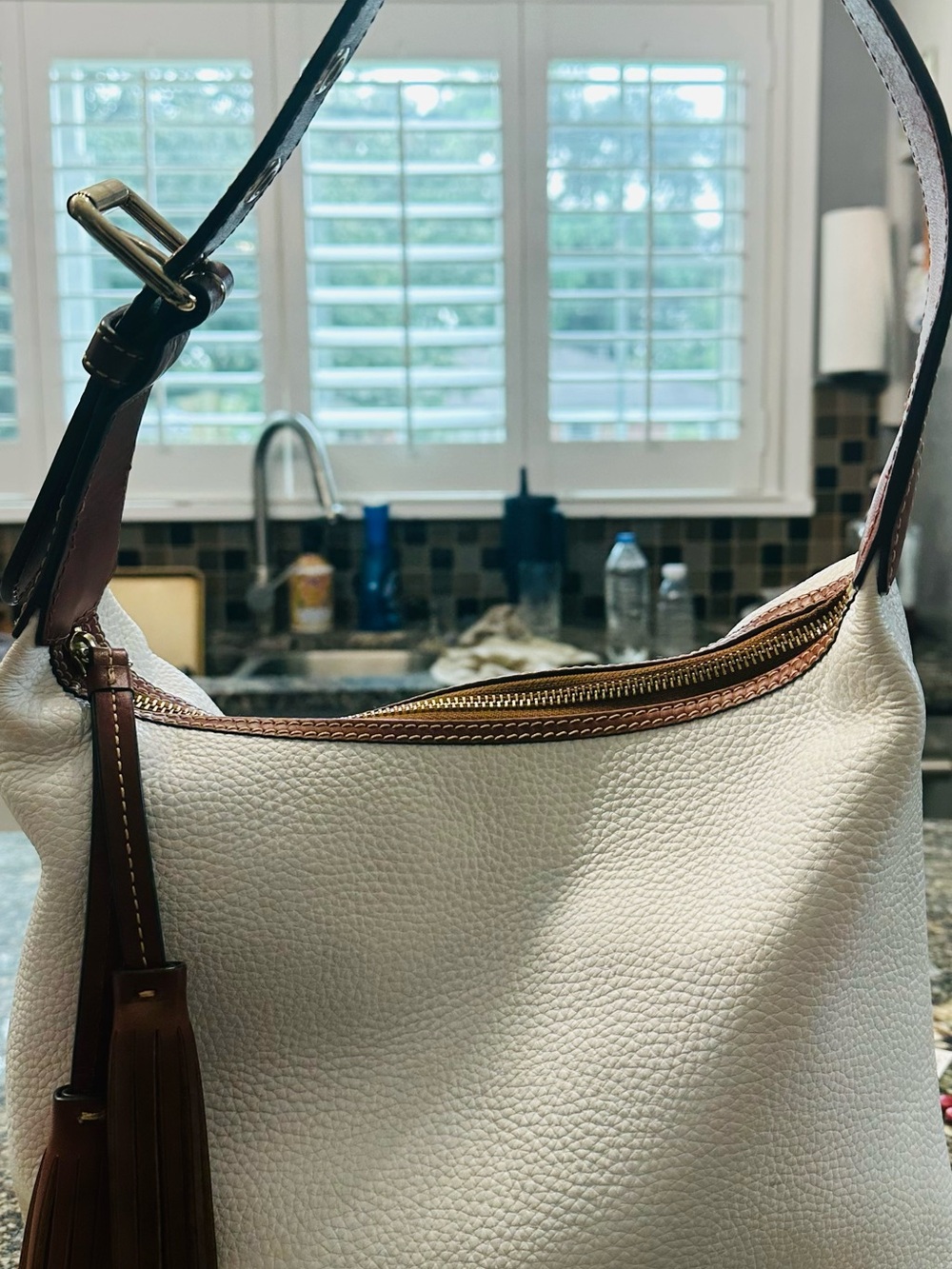 Dooney & Bourke white Leather Shoulder Bag with Brown Trim